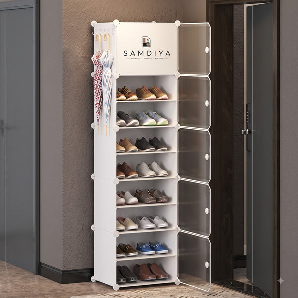 Premium 10-Layer Plastic Shoe Storage Cabinet with Doors & Side Hooks – White