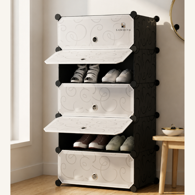 Premium 5-Layer Plastic Shoe Storage Cabinet with Doors | Dustproof Modular Shoe Organizer | Black