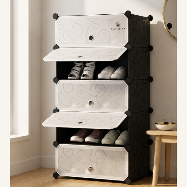 Premium 5-Layer Plastic Shoe Storage Cabinet with Doors | Dustproof Modular Shoe Organizer | Black