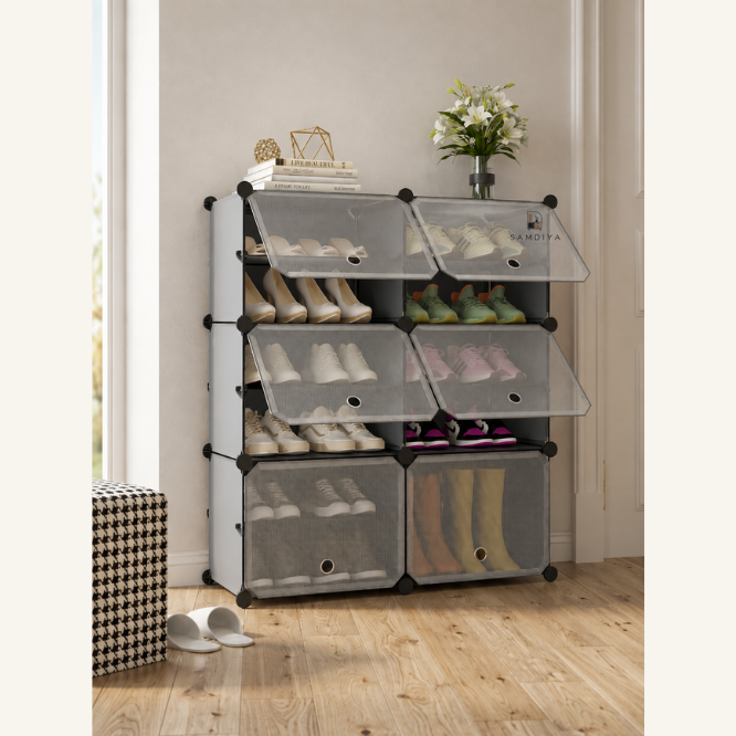 Premium 12-Shelf 6-Door Plastic Shoe Storage Cabinet – Grey