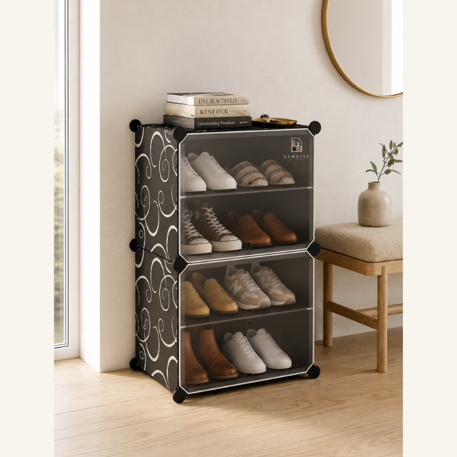 Premium 4-Shelf 2-Door Plastic Shoe Storage Cabinet – Black