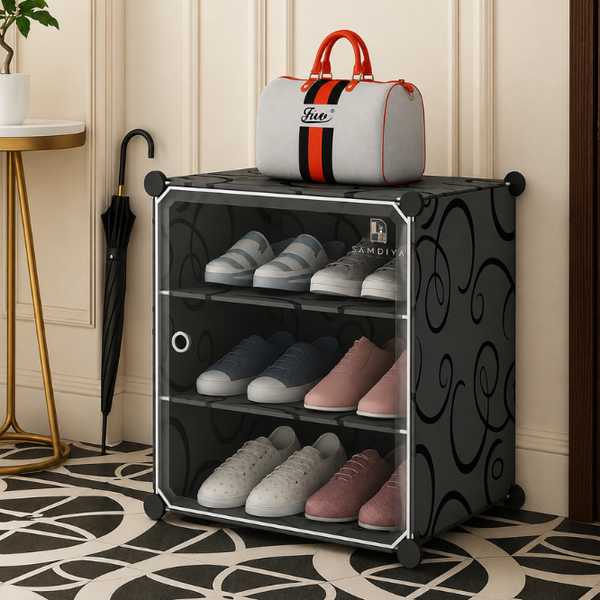 Premium 3-Shelf 1-Door Plastic Shoe Storage Cabinet – Black