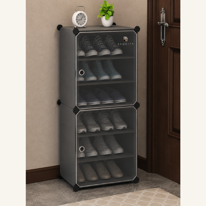 Premium 6-Shelf 2-Door Plastic Shoe Storage Cabinet – Grey
