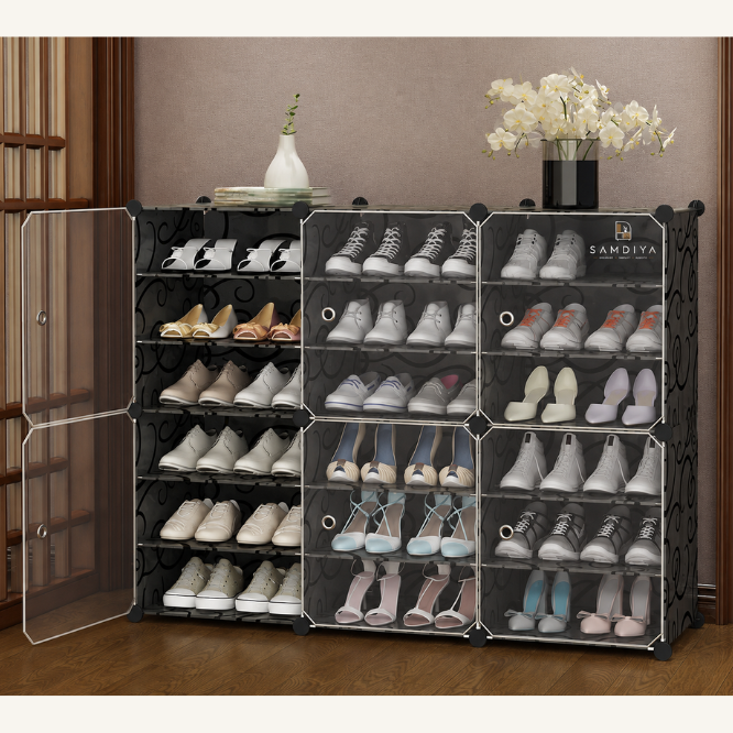 Premium 18-Shelf 6-Door Plastic Shoe Storage Cabinet – Black