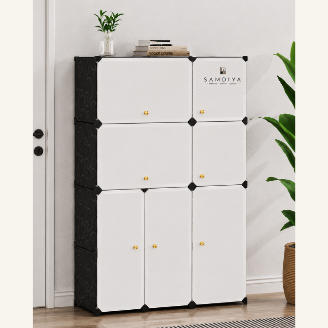 Premium 11-Shelf 7-Door Plastic Storage Cabinet – Black & White