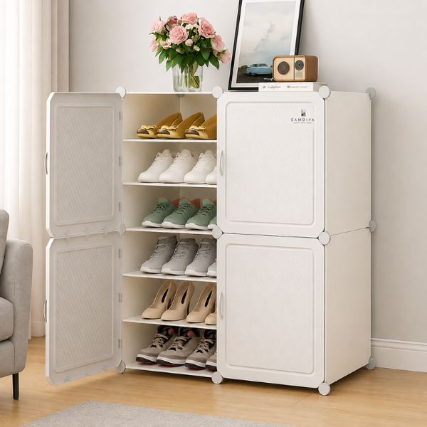 Premium 12-Layer 4-Door Plastic Shoe Storage Cabinet – White
