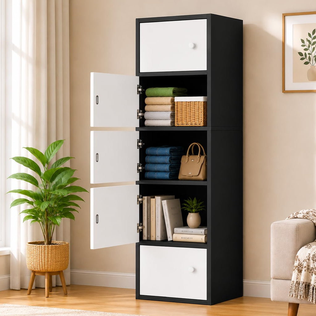 Premium Nordic Black & White 5-Layer Wooden Storage Cabinet with Doors