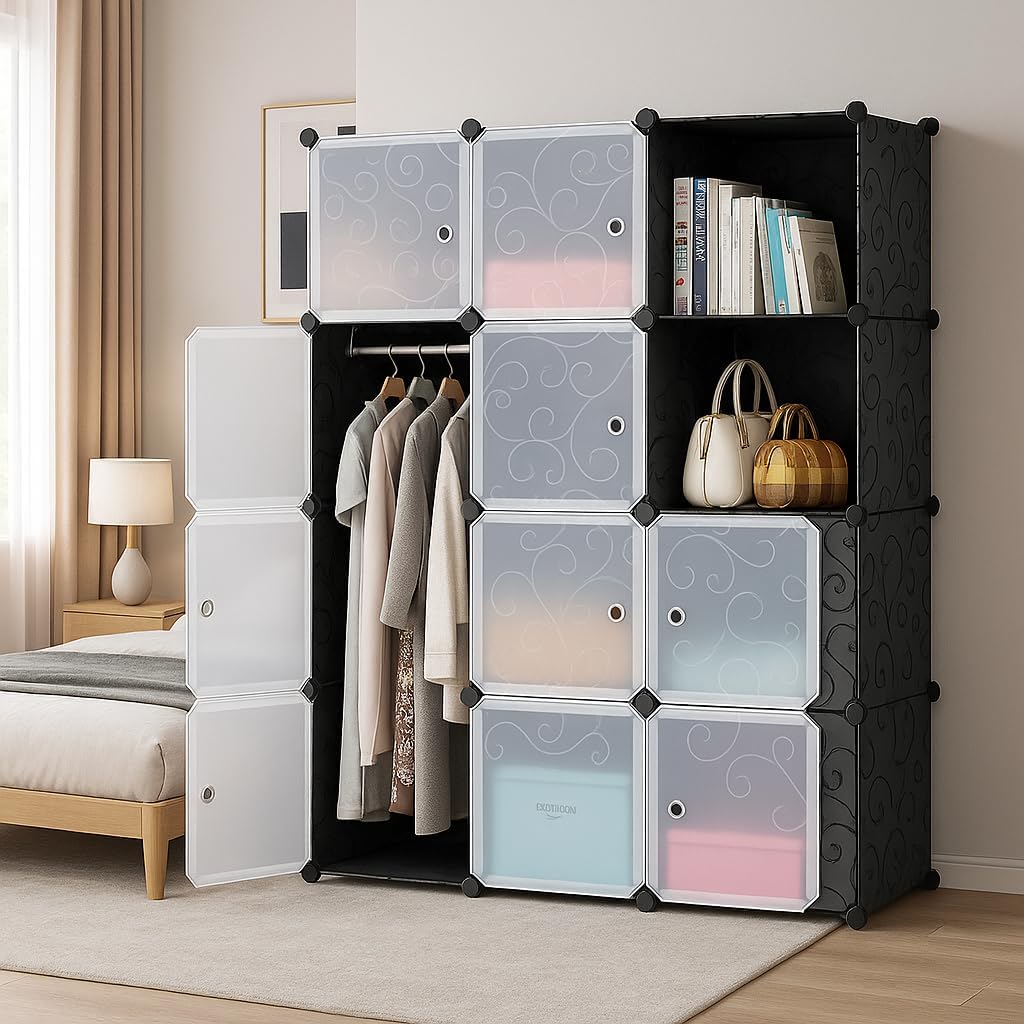 Premium 12-Shelf 10-Door Modular Plastic Wardrobe with Hanging Section – Black