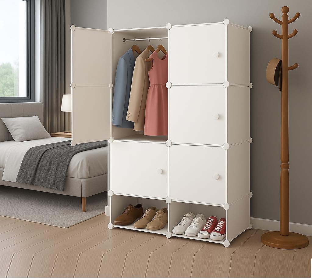 Premium 8-Shelf 6-Door Modular Plastic Wardrobe with Hanging Section – White