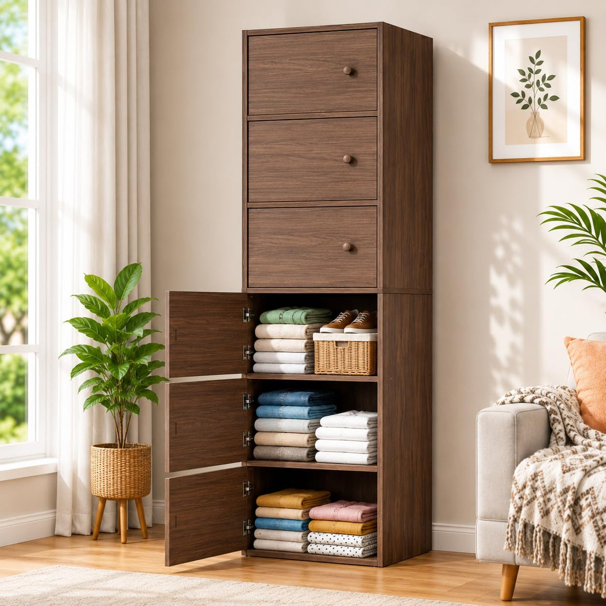 Premium Nordic Walnut 6-Layer Wooden Storage Cabinet with Doors