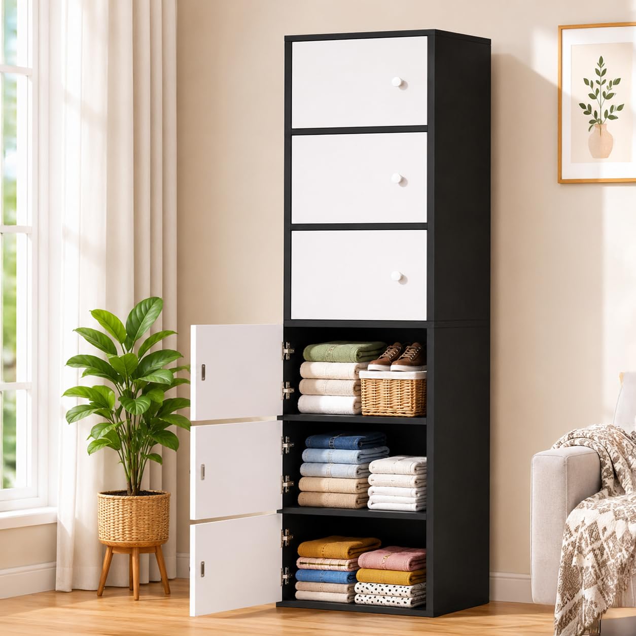 Premium Nordic Black & White 6-Layer Wooden Storage Cabinet with Doors