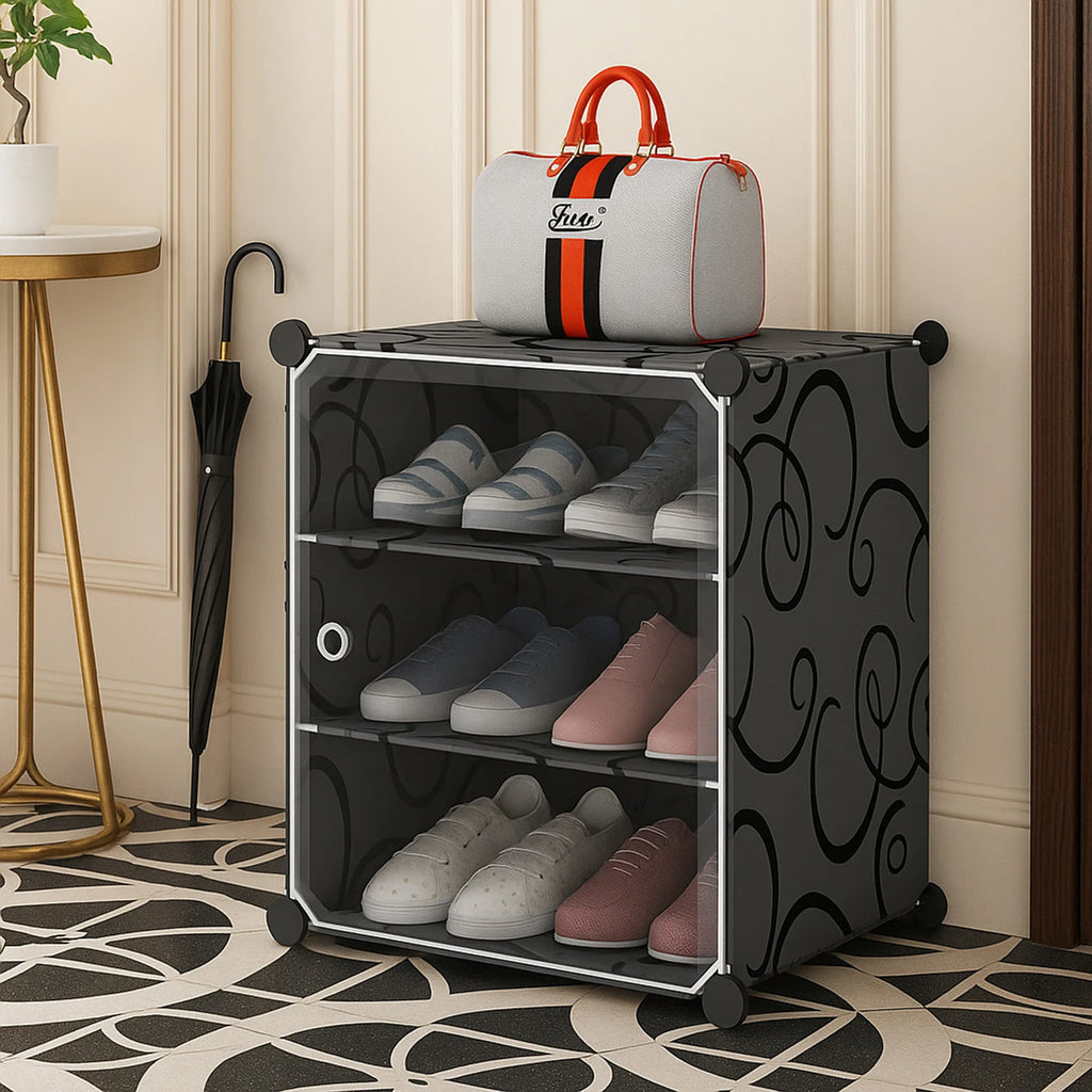 Premium 3-Shelf 1-Door Plastic Shoe Storage Cabinet – Black
