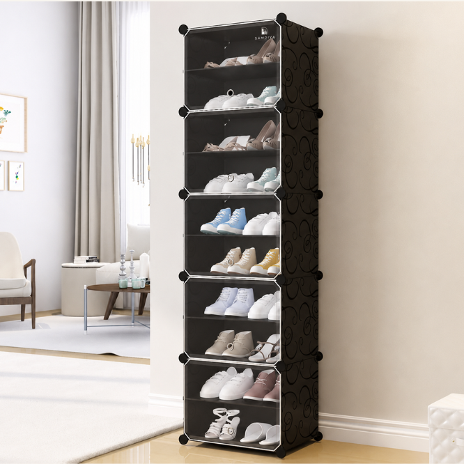 Premium Double Column 10-Layer Plastic Shoe Storage Cabinet with Doors | Modular Dustproof Shoe Organizer | Black