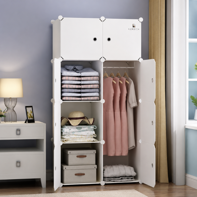Premium 8-Door Modular Plastic Wardrobe with Hanging Section – White