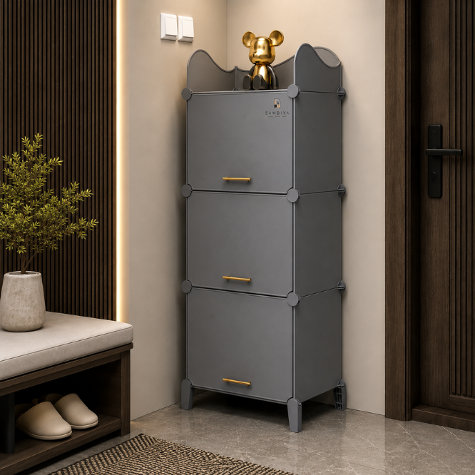 Premium 6-Shelf 3-Door Plastic Shoe Storage Cabinet – Grey