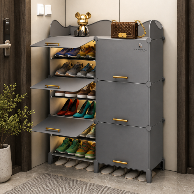 Premium 12-Shelf 6-Door Plastic Shoe Storage Cabinet – Grey