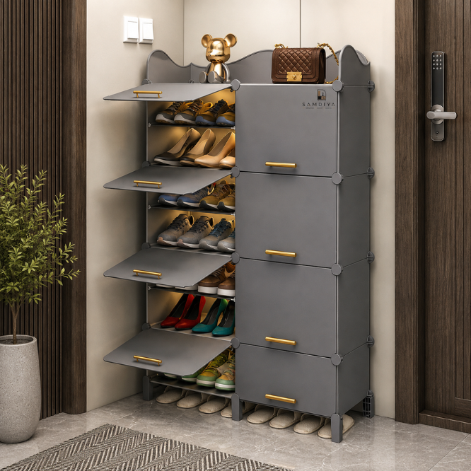 Premium 16-Shelf 8-Door Plastic Shoe Storage Cabinet – Grey