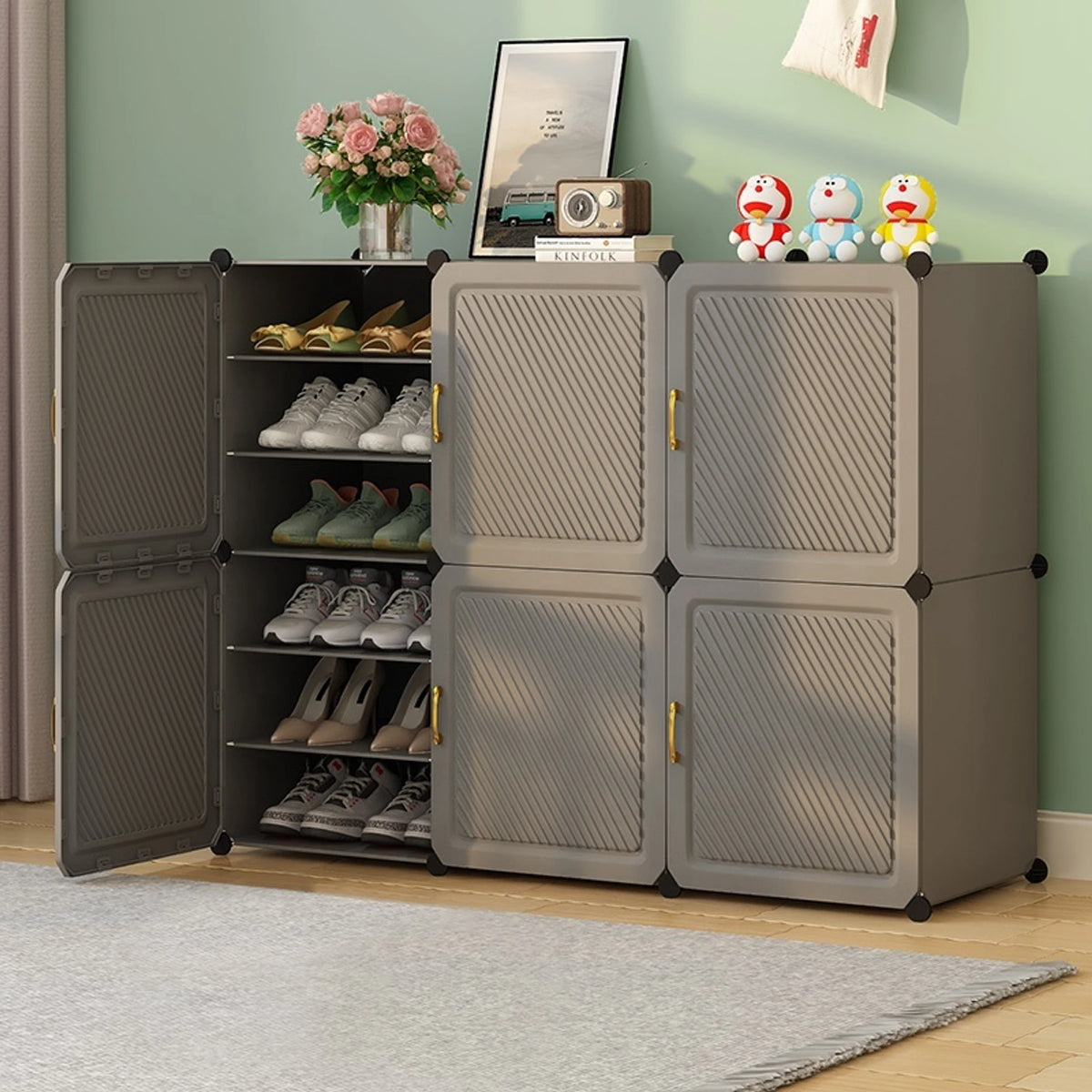 Premium Heavy-Duty 6-Door 18-Layer Plastic Shoe Storage Cabinet | Dustproof Modular Shoe Organizer | Grey