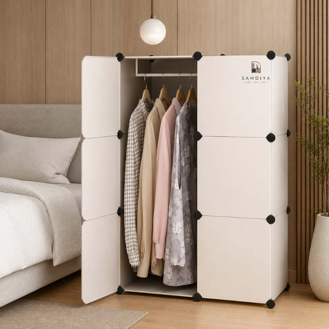 Premium 6-Shelf 6-Door Modular Plastic Wardrobe with Hanging Section – White