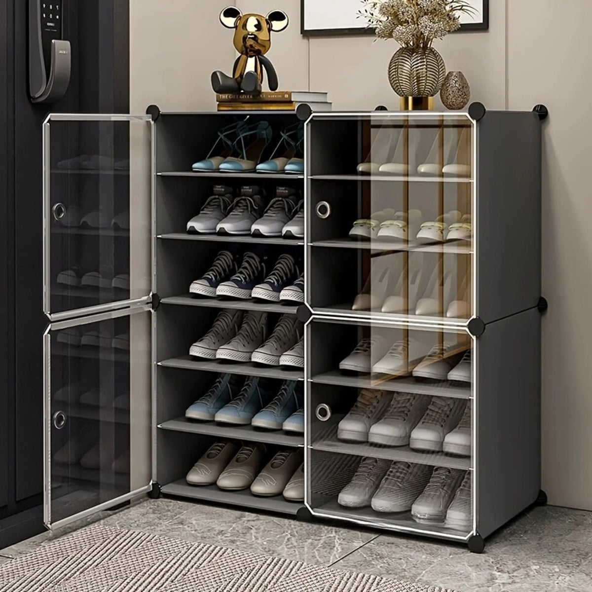 Premium 12-Layer Plastic Shoe Storage Cabinet with Doors | Dustproof Modular Shoe Organizer | Grey