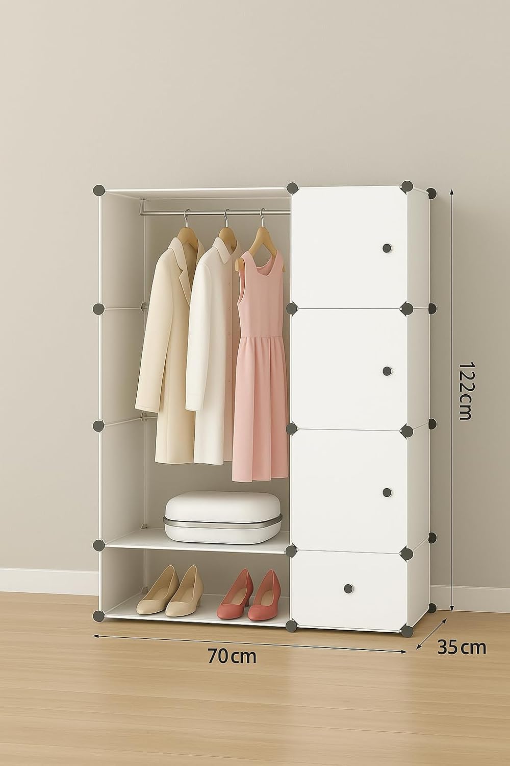 Premium 8-Shelf 6-Door Modular Plastic Wardrobe with Hanging Section – White