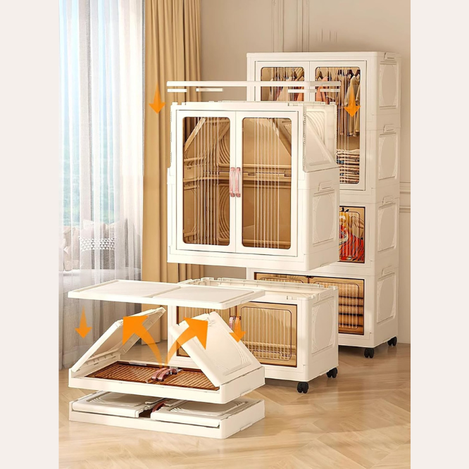 Premium 3-Layer Foldable Plastic Storage Wardrobe with Hangers – White