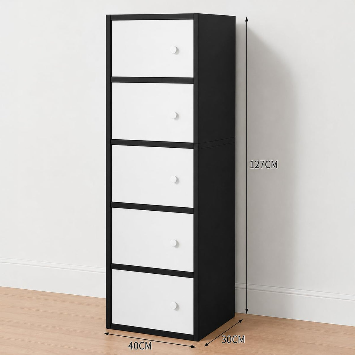Premium Nordic Black & White 5-Layer Wooden Storage Cabinet with Doors