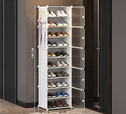 Premium 10-Layer Plastic Shoe Storage Cabinet with Doors & Side Hooks – White