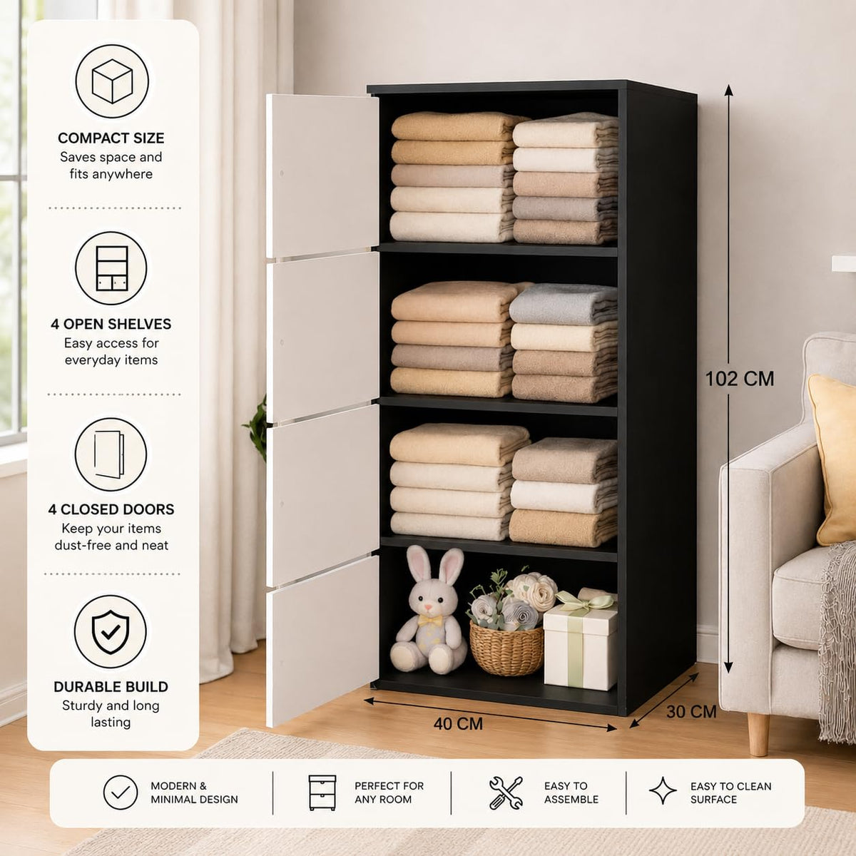 Premium Nordic Black & White 4-Layer Wooden Storage Cabinet with Doors