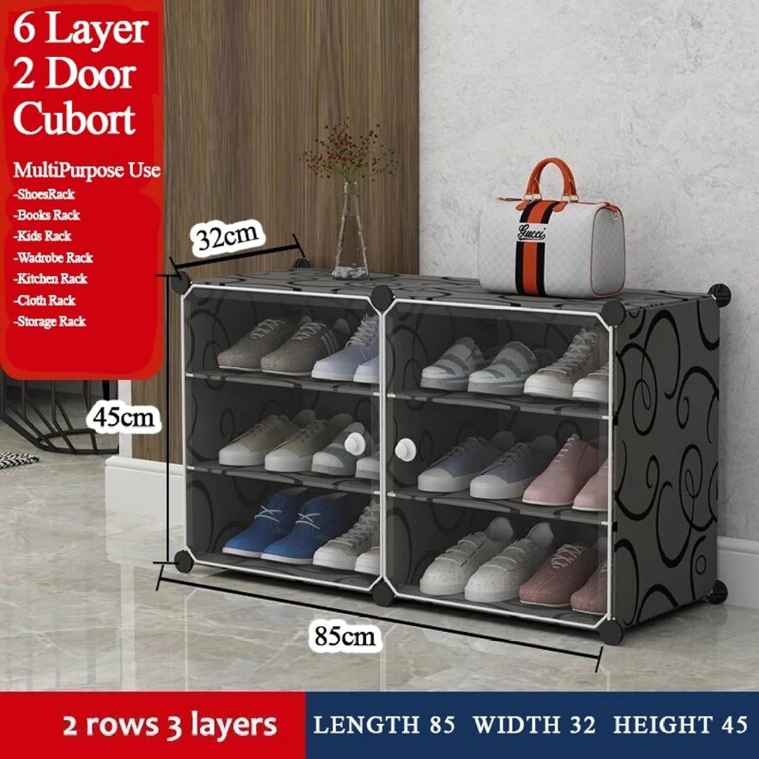 Premium 6-Shelf 2-Door Plastic Shoe Storage Cabinet – Black
