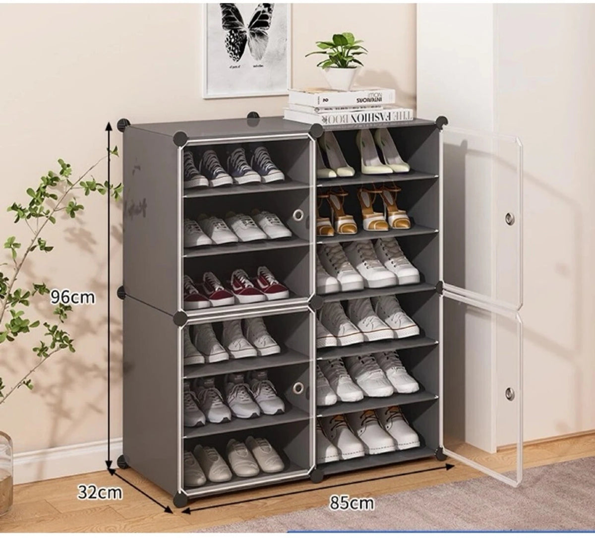 Premium 12-Layer Plastic Shoe Storage Cabinet with Doors | Dustproof Modular Shoe Organizer | Grey