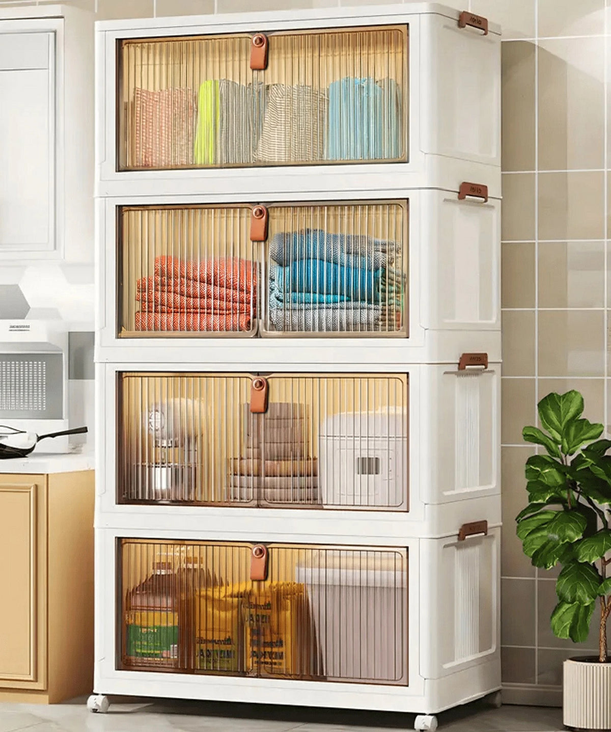 Premium 4-Door 4-Shelf Modular Plastic Wardrobe with Hanging Section – White