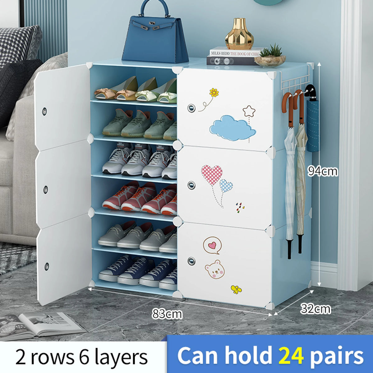 Premium 6-Door 12-Shelf Modular Plastic Shoe Storage Cabinet – Blue
