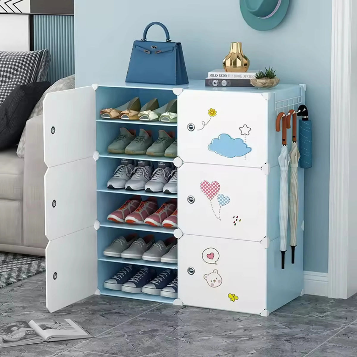 Premium 6-Door 12-Shelf Modular Plastic Shoe Storage Cabinet – Blue
