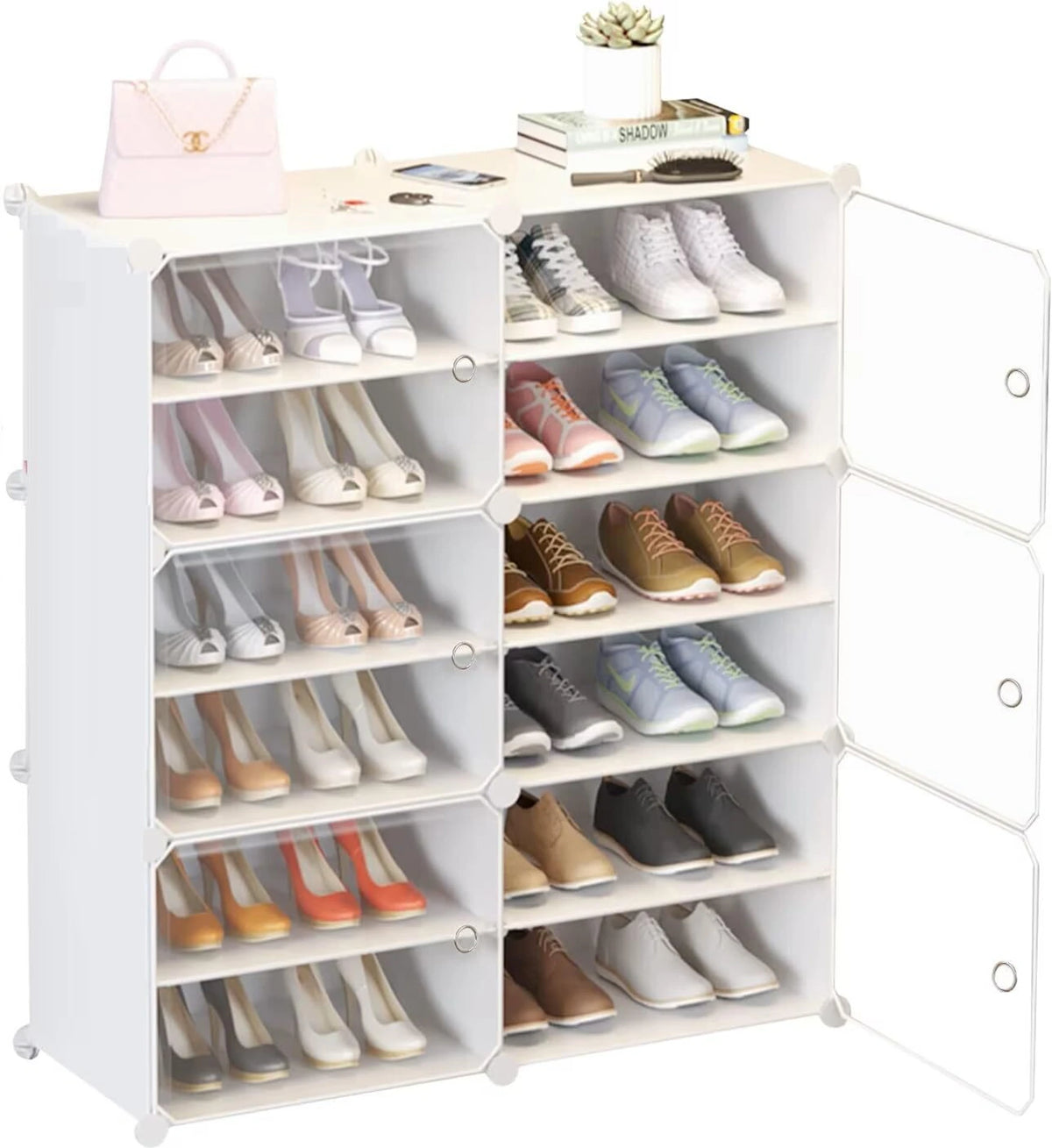 Premium 12-Layer Plastic Shoe Storage Cabinet with Doors | Dustproof Modular Shoe Organizer | White