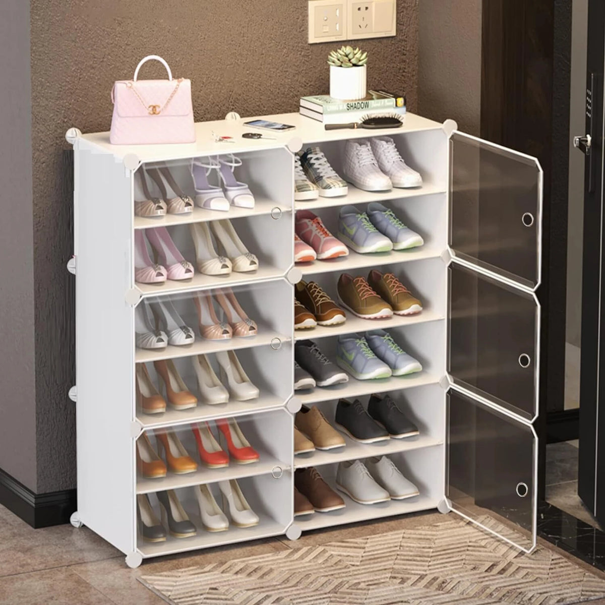 Premium 12-Layer Plastic Shoe Storage Cabinet with Doors | Dustproof Modular Shoe Organizer | White