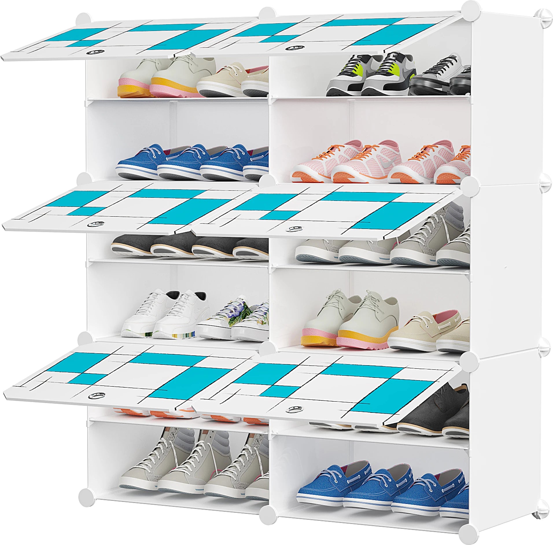 Premium 6-Door 12-Shelf Modular Plastic Shoe Storage Cabinet – White & Blue
