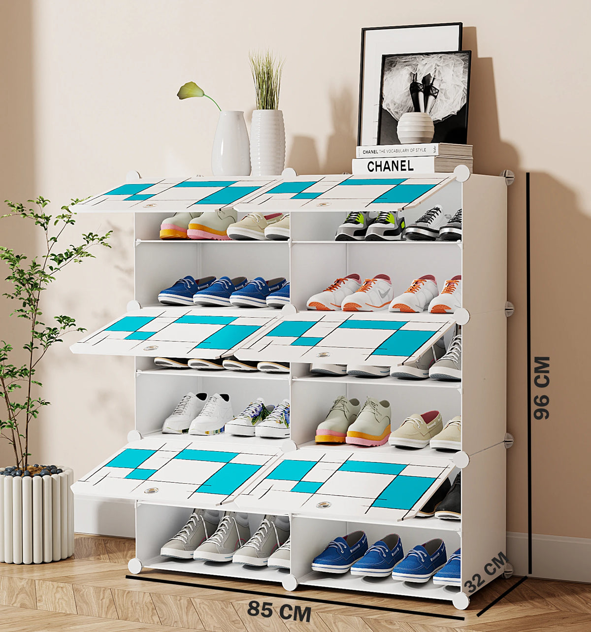 Premium 6-Door 12-Shelf Modular Plastic Shoe Storage Cabinet – White & Blue