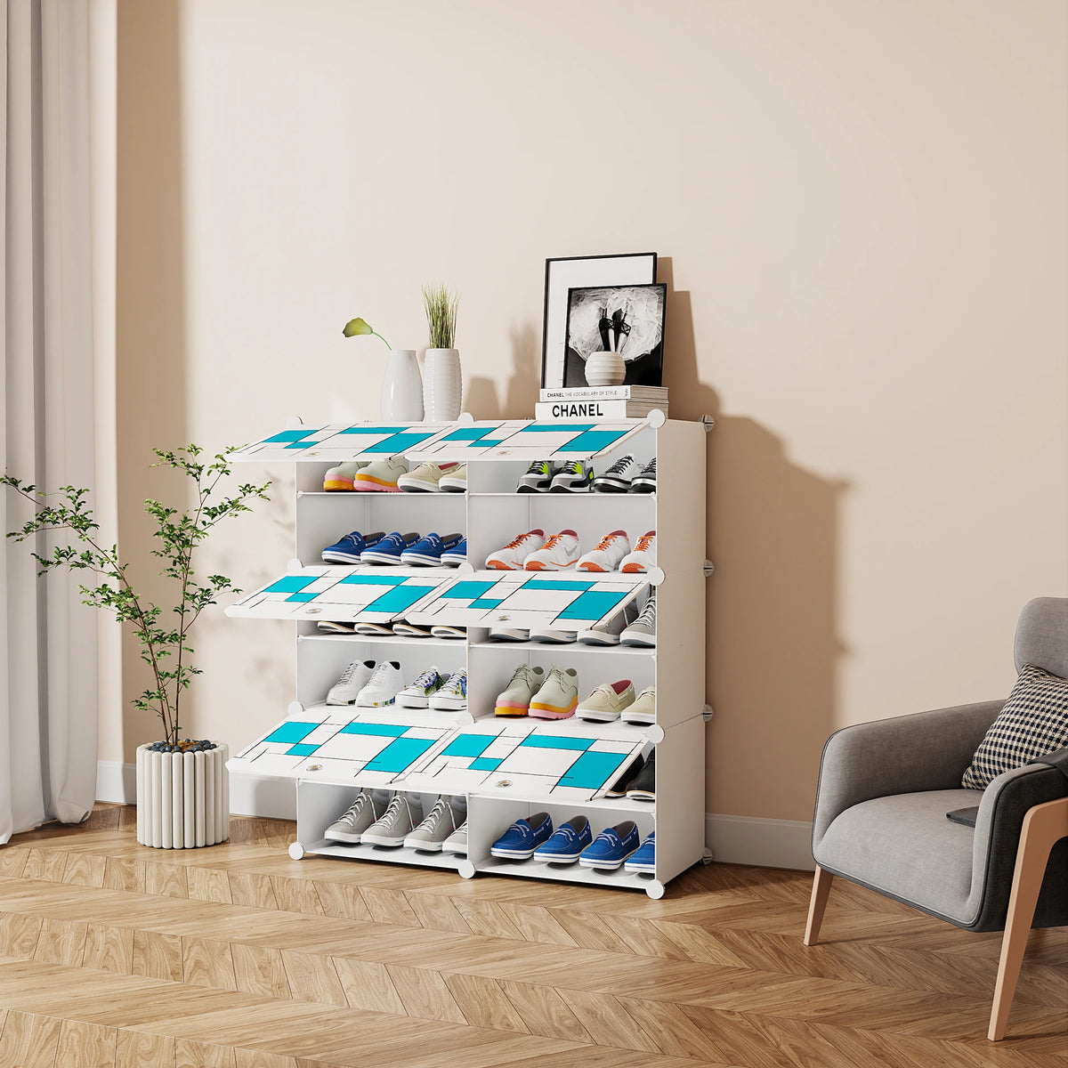 Premium 6-Door 12-Shelf Modular Plastic Shoe Storage Cabinet – White & Blue