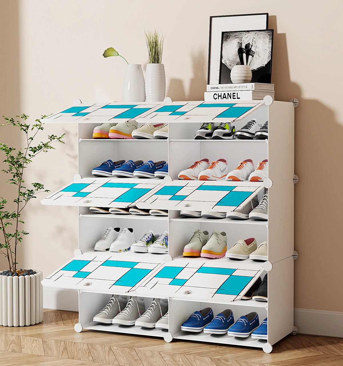 Premium 6-Door 12-Shelf Modular Plastic Shoe Storage Cabinet – White & Blue