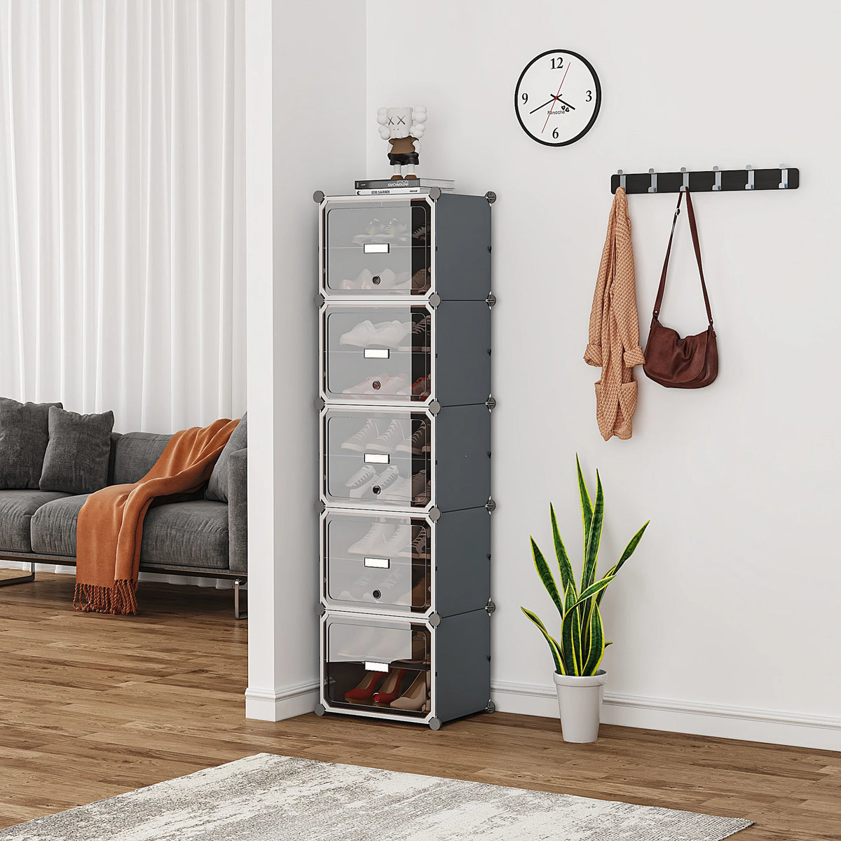 Premium 5-Door 10-Shelf Plastic Shoe Storage Cabinet | Dustproof Modular Shoe Rack | Grey