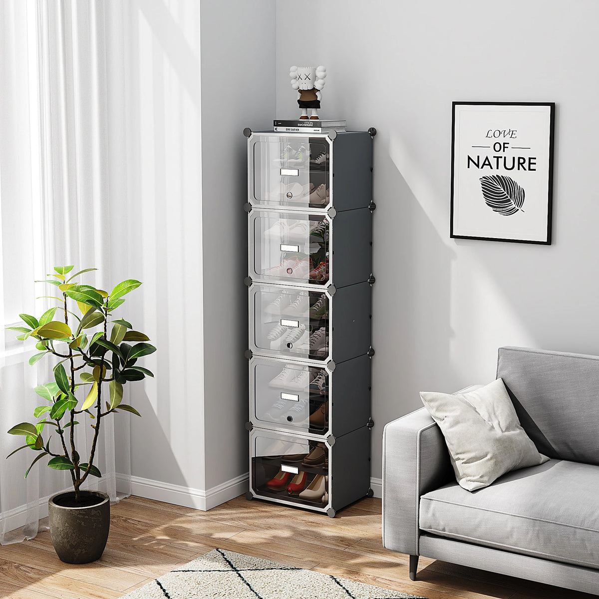 Premium 5-Door 10-Shelf Plastic Shoe Storage Cabinet | Dustproof Modular Shoe Rack | Grey