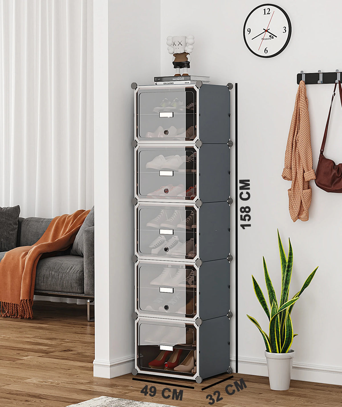 Premium 5-Door 10-Shelf Plastic Shoe Storage Cabinet | Dustproof Modular Shoe Rack | Grey