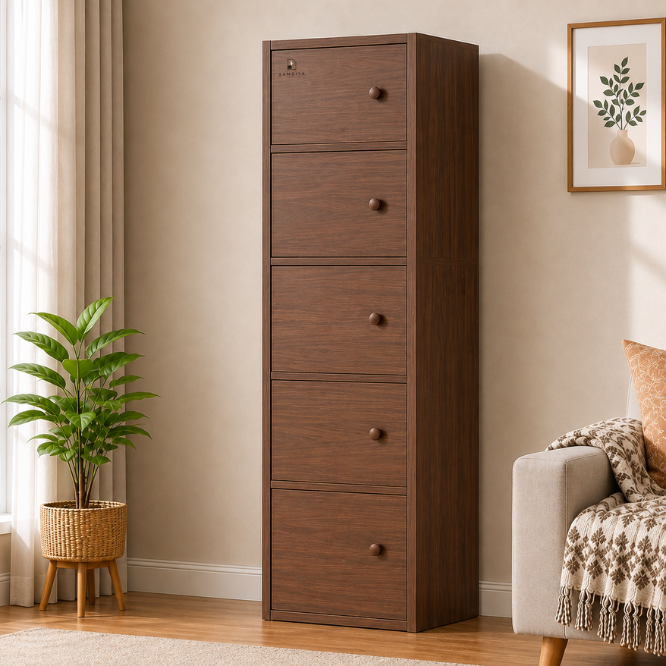 Premium Nordic Walnut 5-Layer Wooden Storage Cabinet with Doors