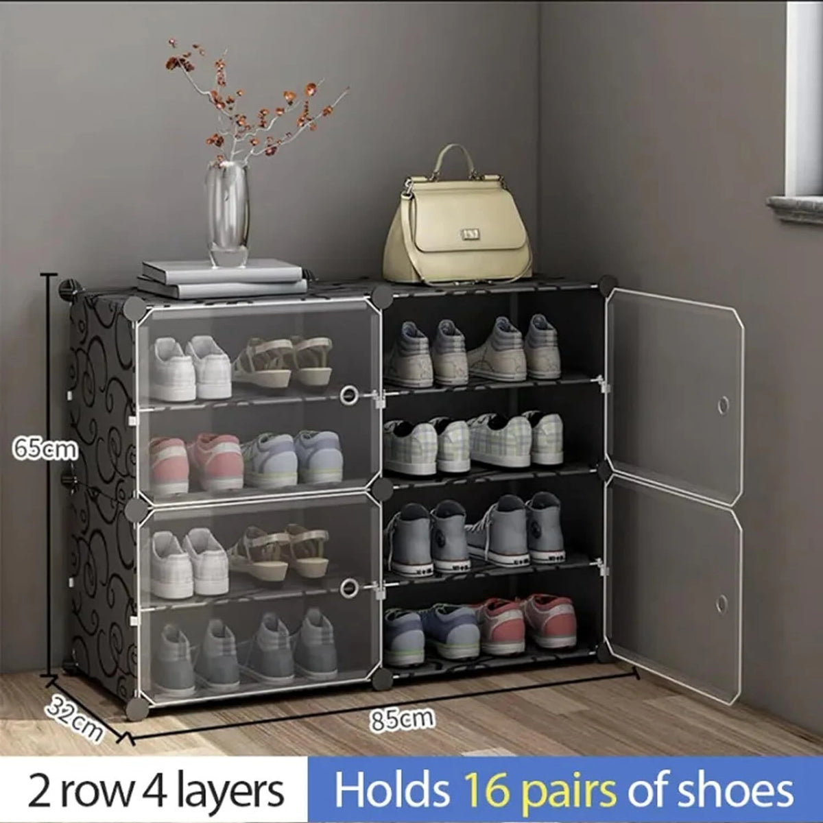 Premium 4-Door 8-Shelf Plastic Shoe Storage Cabinet | Dustproof Modular Shoe Rack | Black