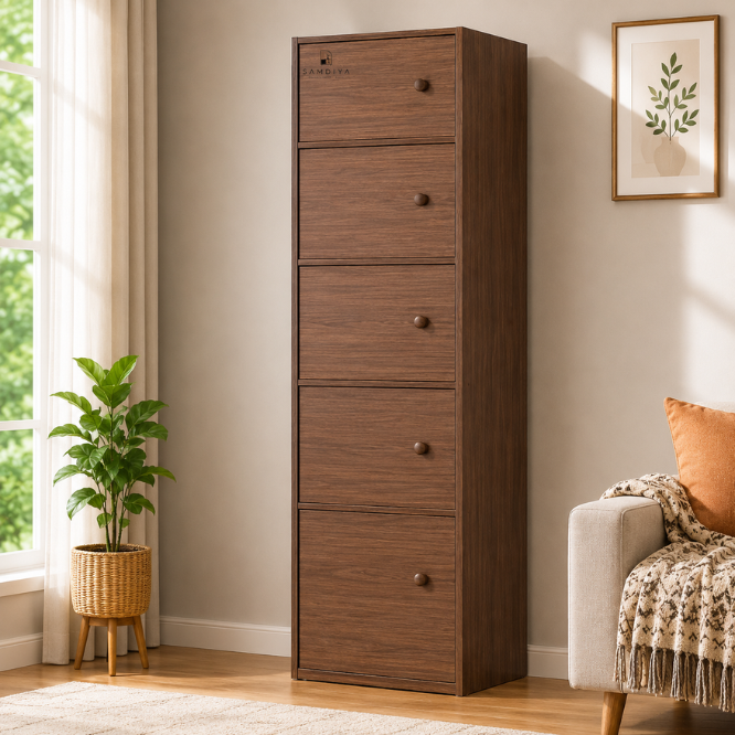 Premium Nordic Walnut 6-Layer Wooden Storage Cabinet with Doors