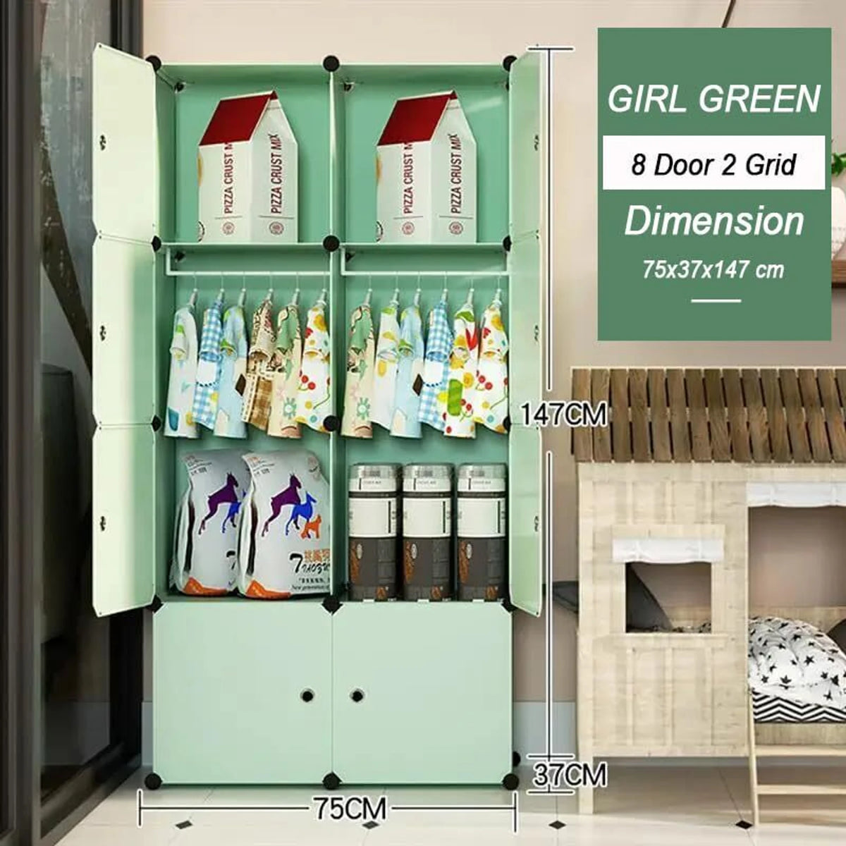 Premium 8-Cube Kids Modular Plastic Wardrobe Cabinet – Green