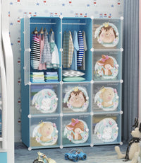 Premium 12-Door Jungle-Print Kids Plastic Wardrobe – Blue