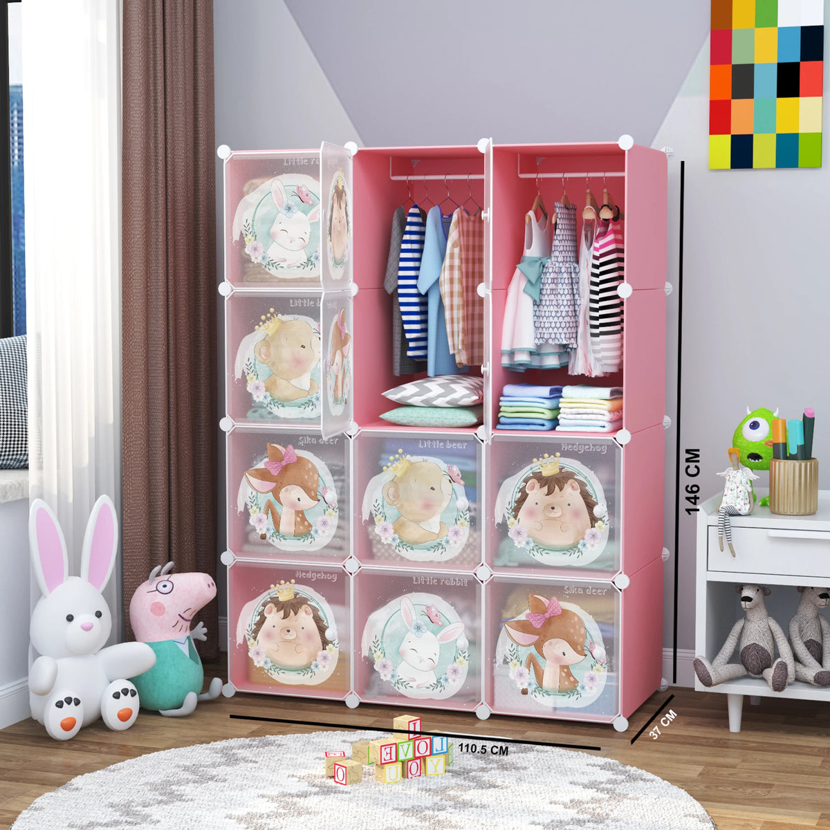 Premium 12-Door Princess-Print Kids Plastic Wardrobe – Pink