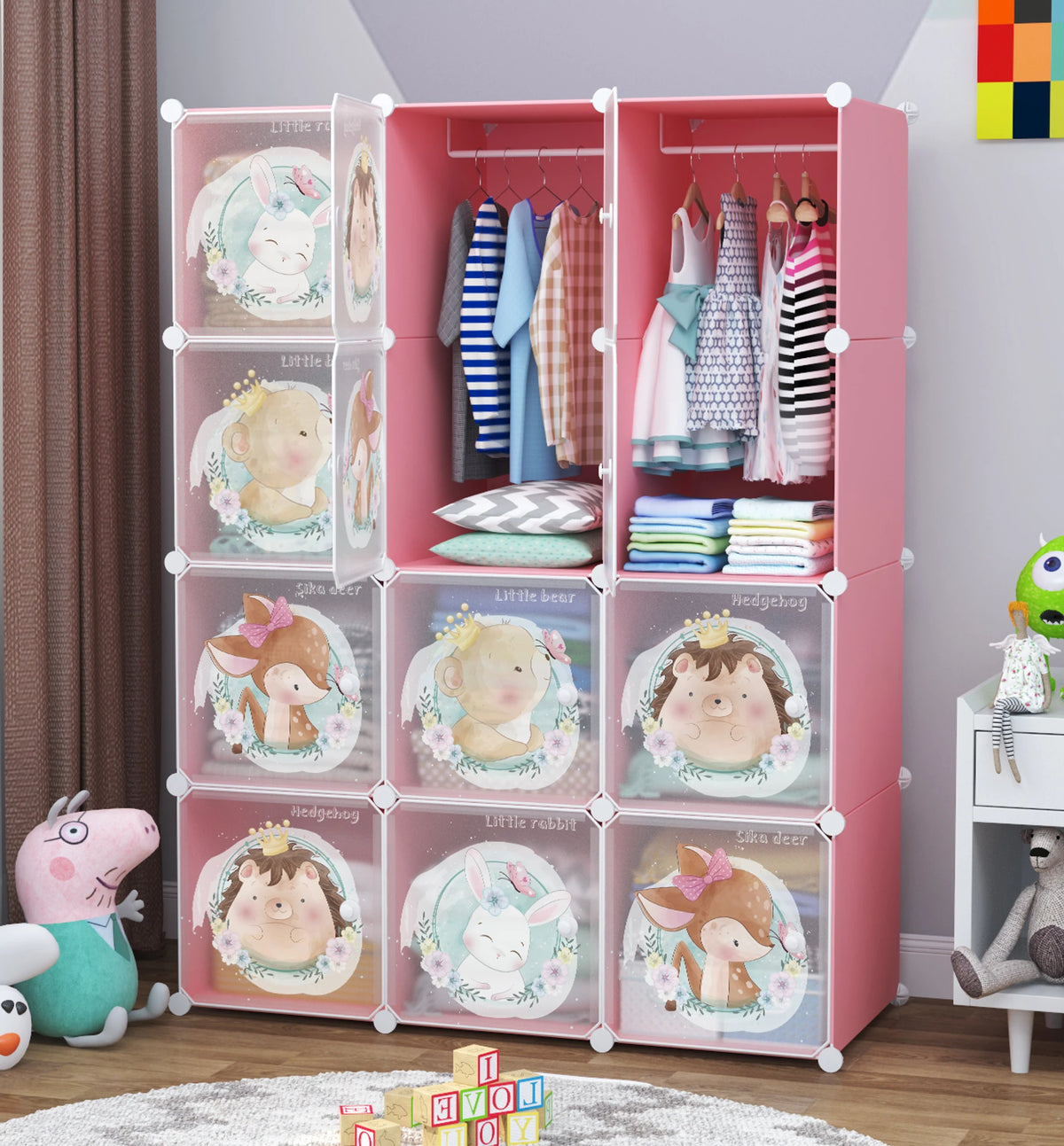 Premium 12-Door Princess-Print Kids Plastic Wardrobe – Pink